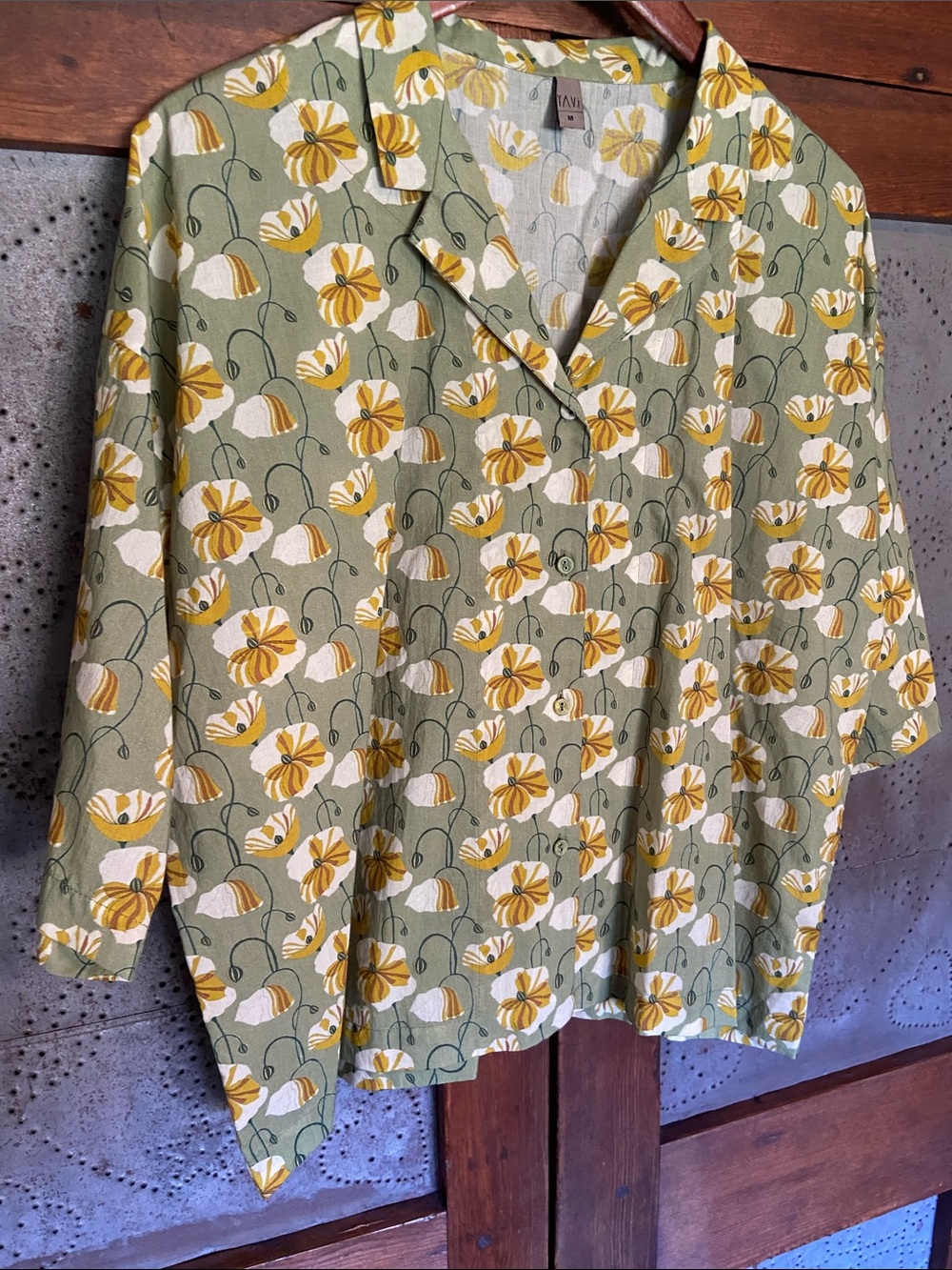 YAVI Floral Linen Blend Button Front Blouse Sage Green Mustard Medium Art